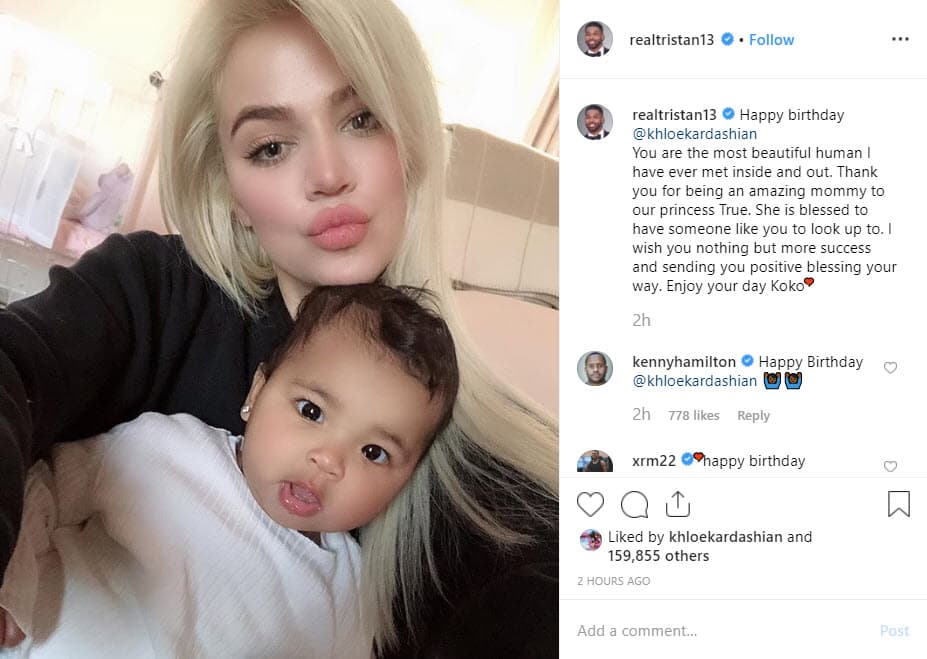 El pasado 27 de junio de 2019, Khloé cumplió 35 años y el padre de su hija 
<b><a href="https://www.univision.com/famosos/sin-rencor-y-sin-un-te-amo-el-ex-infiel-de-khloe-kardashian-la-felicita-en-instagram-fotos" target="_blank">aprovechó la fecha para dedicarle unas palabras</a></b> en su cuenta de Instagram: "Feliz cumpleaños Khloé Kardashian. Eres el ser humano más hermoso que conozco por dentro y por fuera. Ella (True) está bendecida de tener a alguien como tú. Te deseo nada más que éxito y te envío bendiciones en tu camino. Disfruta tu día Koko", escribió el deportista.