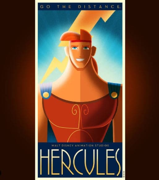 <b>‘Hércules’</b>
<br>Curiosamente los patrones en compás (chevrón) y el adorno en forma de rayo de sol son típicos de esta estética retro del primer cuarto del siglo XX; y justamente un rayo aparece en este póster de Hércules.