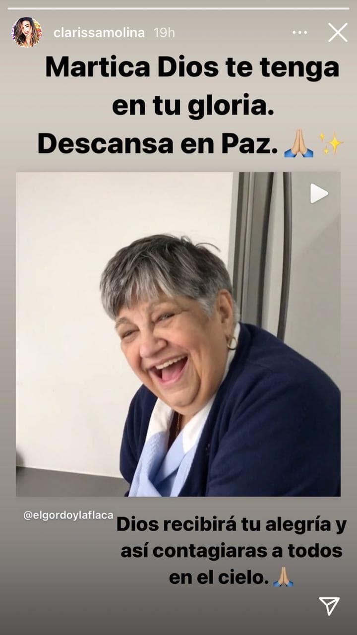 "Dios recibirá tu alegría y así contagiarás a todos en el cielo", escribió Clarissa Molina con mucho cariño en una Instagram Story.