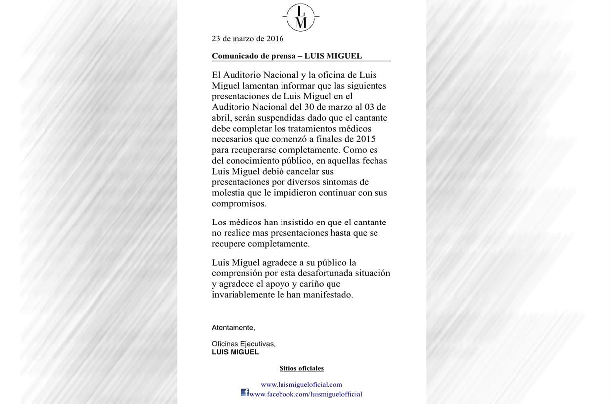 Este es el comunicado en donde se especifican las razones por las que 'LuisMi' tendrá que apartarse de los escenarios.