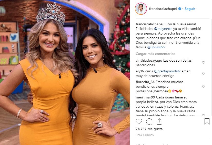 En el 2018, Francisca también le dedicó un mensaje a Francisca felicitándola por el triunfo en la competencia de belleza.