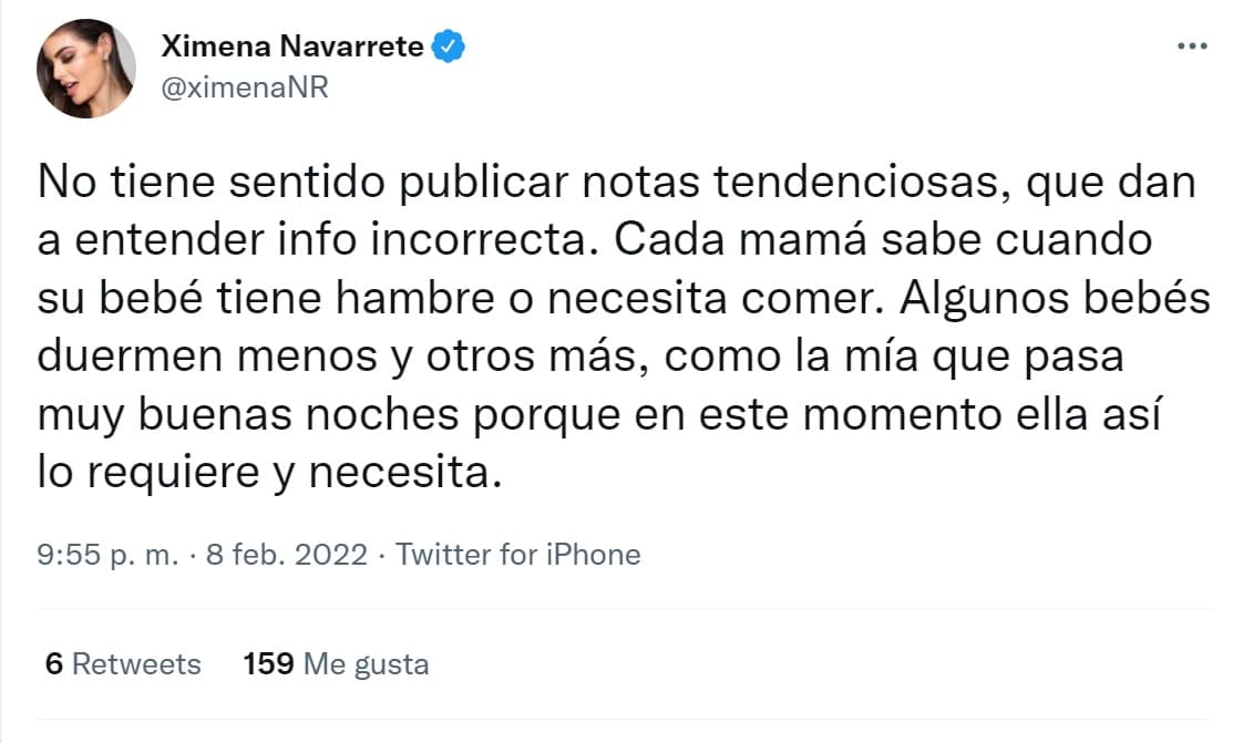 En otro mensaje insistió en que "
<b><a href="https://www.univision.com/famosos/ximena-navarrete-hija-juan-carlos-valladares-cuando-nace" target="_blank">cada mamá sabe</a> </b>cuando su bebé tiene hambre o necesita comer". 
<br>