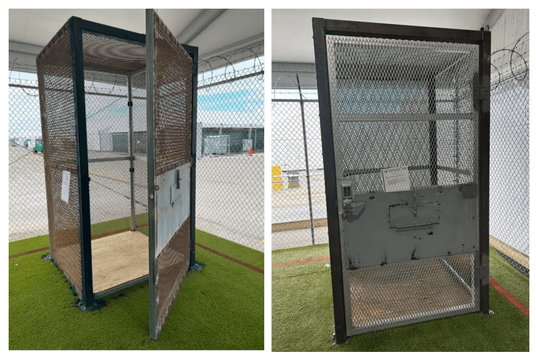 Entre el 17 de julio de 2025 y el 18 de enero de 2026, Alligator Alcatraz confinó a 79 personas detenidas en pequeñas estructuras metálicas —cada una con aproximadamente 18 pies cuadrados de superficie— durante períodos que iban desde varios minutos hasta casi dos horas. 
<br>
<br>Se trata de una práctica que la propia OIG reconoce que no había observado anteriormente en instalaciones de ICE. "El uso de estos espacios tan restrictivos es altamente inusual y no se ajusta a los estándares de trato humano. (...) Confinar a personas en pequeñas estructuras metálicas, por cualquier motivo, 
<b>supone riesgos significativos para la salud y el bienestar de las personas detenidas", </b>concluyeron.
<br>
<br>Durante la inspección, observaron al menos dos de estas pequeñas estructuras metálicas en las zonas exteriores de recreación. Miden aproximadamente 4 pies y 3 pulgadas por 4 pies y 3 pulgadas y tienen 7 pies y 9 pulgadas de altura.El personal del centro describió estas pequeñas estructuras metálicas como “zonas de calma”, destinadas a que "las personas detenidas pudieran desescalarse y disponer de un tiempo a solas".