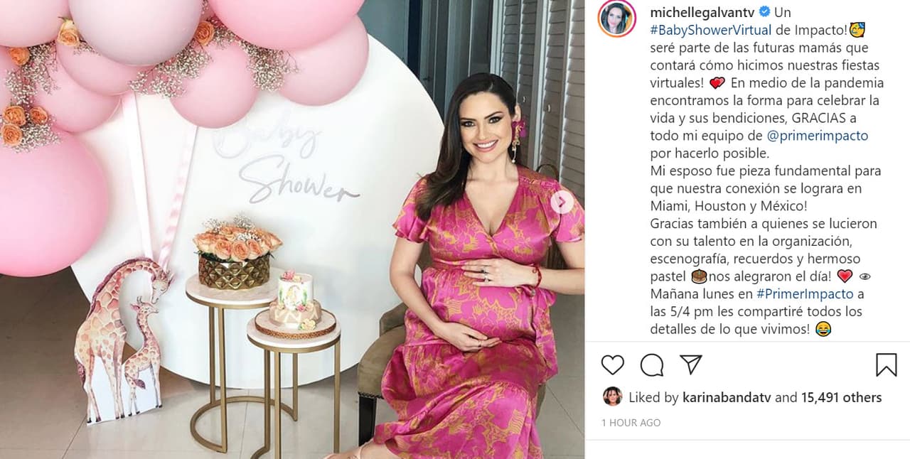 Este domingo 3 de mayo la famosa presentadora publicó 
<b><a href="https://www.instagram.com/michellegalvantv/" target="_blank">las fotos </a></b>del 'baby shower' virtual que sus colegas y compañeros de 
<b><a href="https://www.univision.com/shows/primer-impacto" target="_blank">Primer Impacto</a> </b>le organizaron ahora que ya suma 6 meses de embarazo. 
<br>