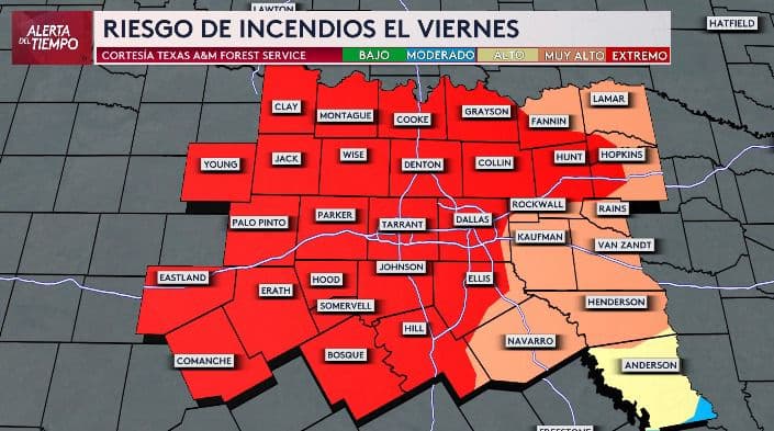 El riesgo de incendios es extremo para este viernes, es para una buena parte del Metroplex, entre ellos están los condados Tarrant, Dallas, Denton y Collin. Mientras que es muy alto para los condados al este.