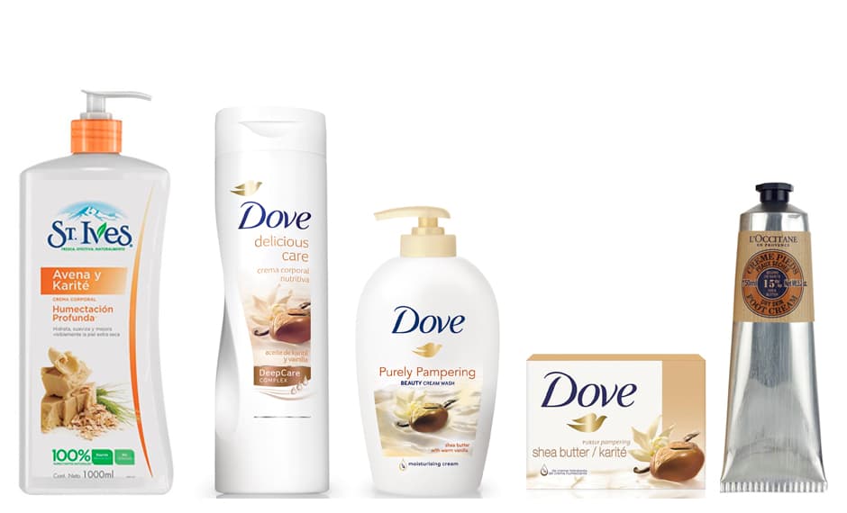 Ante todo, la manteca de karité es un profundo humectante capaz de combatir la más aguda de las resequedades y retardar la degeneración celular al tiempo que devuelve a la piel su elasticidad y resplandor naturales.
<br>Productos que contienen este ingrediente:
<a href="http://www.dove.com.es/es/Productos/Cuidado-Corporal/Lociones/Dove_Locion_Karite.aspx"> Dove</a>, Nutrición Sensoriual, loción corporal; 
<a href="https://www.youtube.com/watch?v=pk5cTzBvSTg">St. Ives</a>, Avena y Karité, crema corporal; 
<a href="http://mx.loccitane.com/karit%C3%A9,58,2,8353,0.htm">L’Occitane</a>, Shea Butter Hand & Foot Cream.
<br>