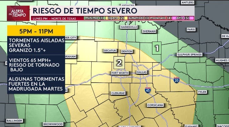 Gran parte del área del Metroplex, 
<b>incluyendo las ciudades de Dallas y Fort Worth, se encuentra bajo riesgo de tiempo severo</b>. Existe la posibilidad de 
<b>tormentas aisladas, caída de granizo y ráfagas de viento de hasta 65 mph. </b>Aunque el riesgo de tornados es bajo, no se puede descartar por completo. Esta información viene de nuestra experta del tiempo Angela Del Río.