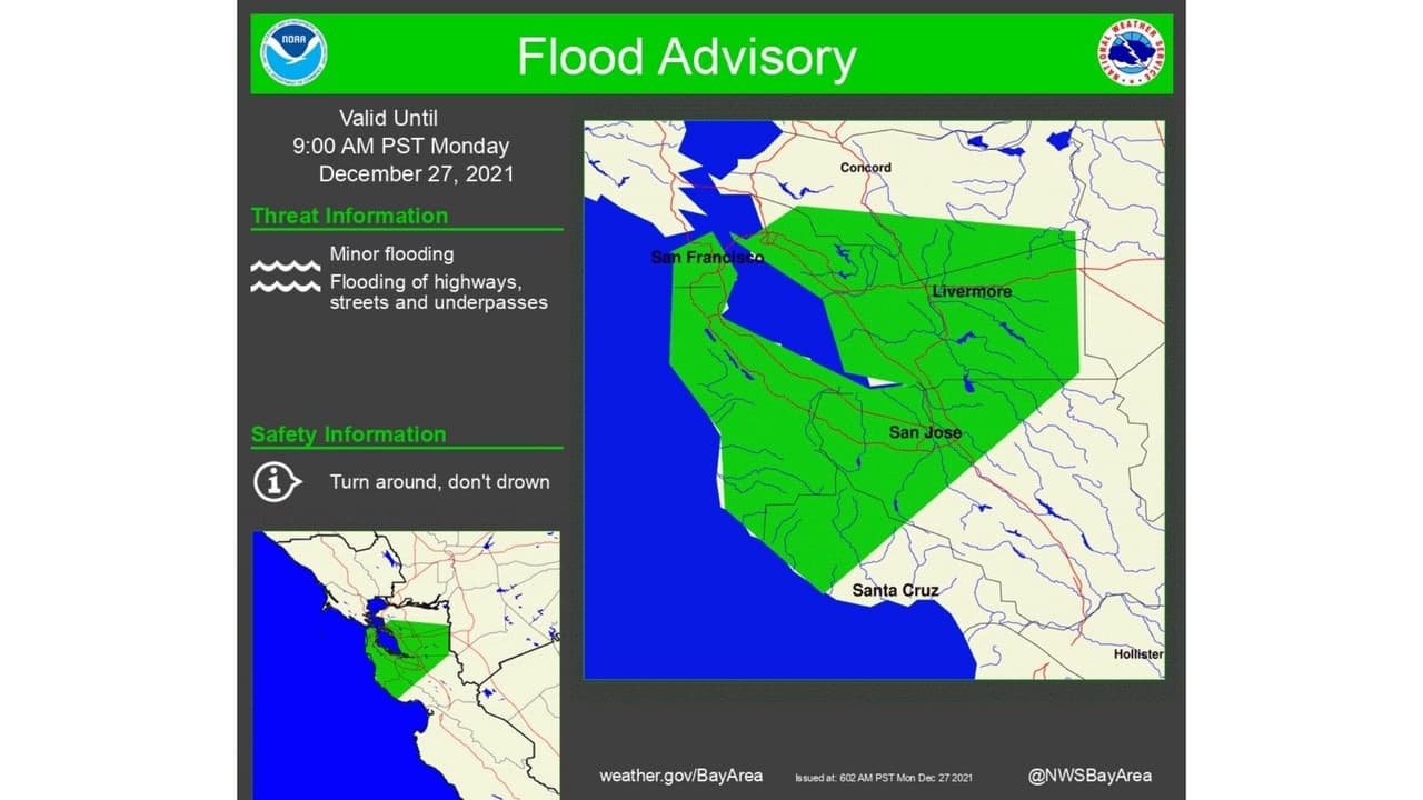 Regiones que comprende el aviso de inundación en el Área de la Bahía.