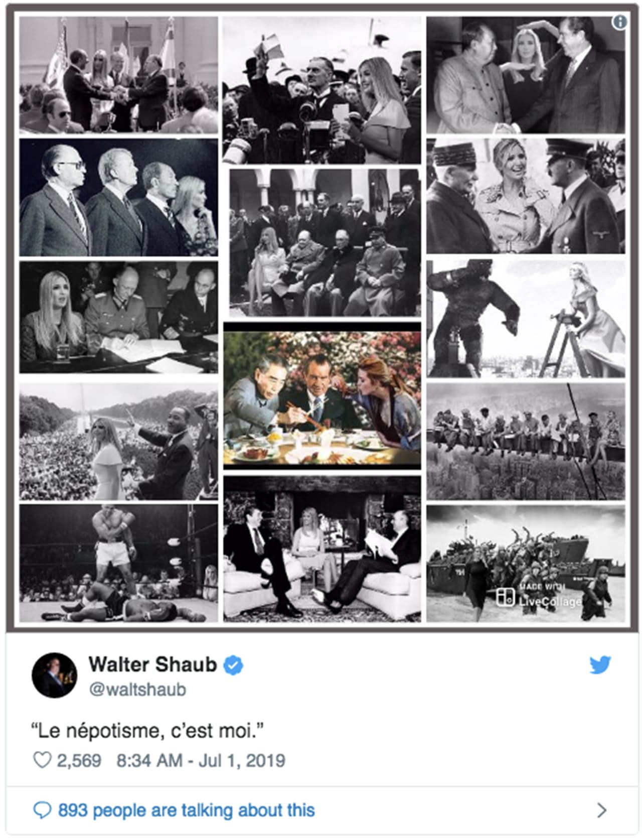 Una composición publicada por el exdirector de la Oficina de Ética del Gobierno, Walter Shaub, acompañada de la frase en francés: "El nepotismo soy yo". / Crédito: 
<a href="https://twitter.com/waltshaub/status/1145672044698308608" target="_blank">@waltshaub/Twitter </a>
<br>