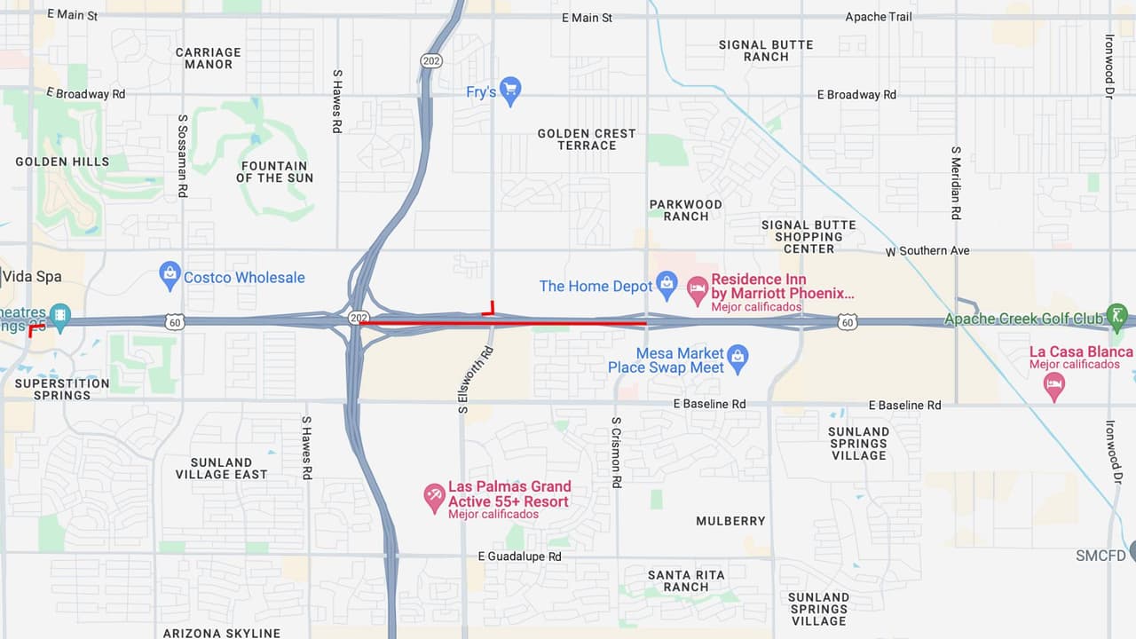 <b>US 60 este</b>
<br>La US 60 en dirección este cerrará entre el Loop 202 y Crismon Road en el este de Mesa, desde las 9 p.m. del viernes hasta las 5 a.m. del lunes.
<br>
<br>Ambas rampas del Loop 202 hacia la US 60 en dirección este estarán cerradas, al igual que las rampas de acceso a la US 60 en dirección este en las carreteras Power y Ellsworth.
<br>
<br>
<b>Rutas alternas</b>
<br>Considere salir antes del cierre y utilizar rutas locales, incluidas Baseline Road o Southern Avenue.
<br>
<br>Para conocer las condiciones de las carreteras en tiempo real puede visitar la página del 
<a href="https://www.az511.gov/" target="_blank">Departamento de Transporte de Arizona</a>, o llamar al 511.