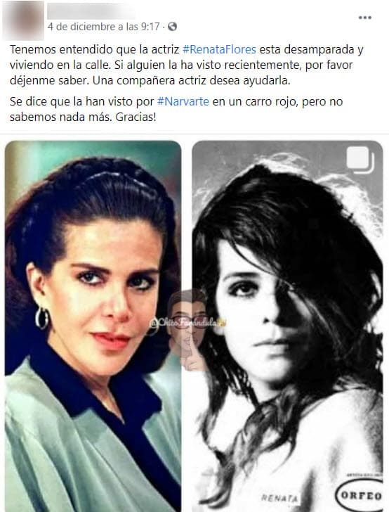 El 7 de diciembre, la ANDA informó a través de las redes sociales que había rescatado a Renata Flores con un audio donde la misma actriz aseguraba que estaba bien, luego de que varios vecinos de la zona pidieran ayuda para la actriz.
<br>