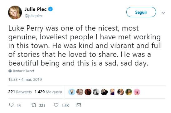 Julie Plec, quien fue directora en algunos capítulos de 'Riverdale' le dedicó unas palabras en Twitter: "Luke Perry fue uno de las mejores, genuinas, queridas personas que conocí en esta ciudad. Él era amable y vibrante, lleno de historias que le gustaba compartir. Era un hermoso ser y esto es triste, día triste".