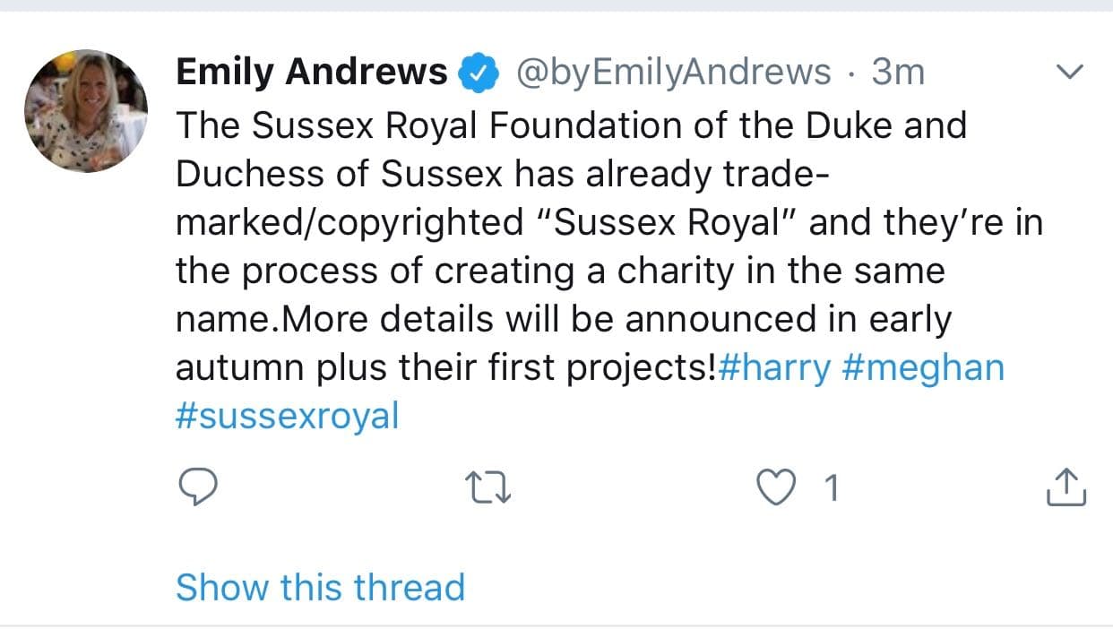 La periodista y especialista en realeza británica, Emily Andrews, compartió en
<b><a href="https://twitter.com/byEmilyAndrews/status/1151606667378921472?s=20">su cuenta de Twitte</a><a href="https://twitter.com/byEmilyAndrews/status/1151606667378921472?s=20">r</a></b> el certificado de incorporación de la nueva fundación de la pareja, la cual se llama
<b>Sussex Royal The Foundation of The Duke and Duchess of Sussex.</b>