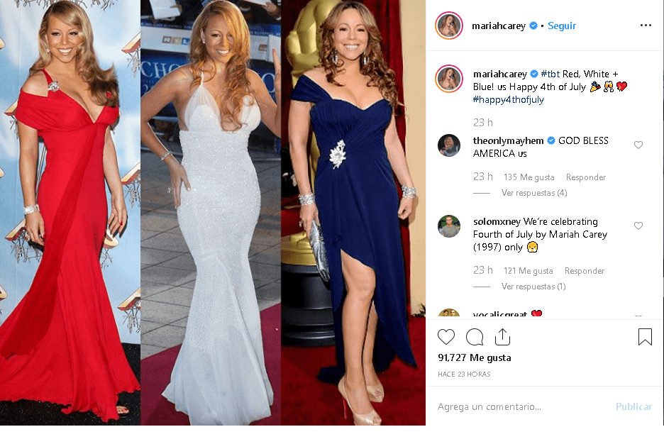Este 4 de julio coincidió con el Throw Back Thursday en redes sociales (conocido como 'TBT'), en la que los usuarios publican fotos del recuerdo. Esto motivó a 
<b>Mariah Carey </b>a publicar fotos de su pasado en
<b> <a href="https://www.instagram.com/p/Bzf92aRgTAN/" target="_blank">Instagram</a></b> y así celebrar la independencia estadounidense. Junto a esta foto escribió: "¡Rojo, blanco, azul! ¡Feliz 4 de julio!".