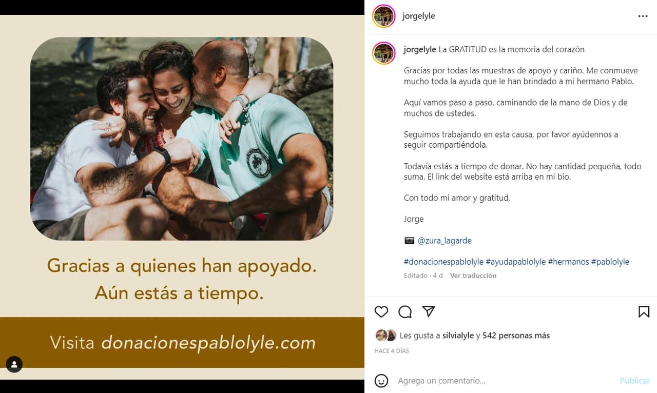 "Como muchos de ustedes saben, con mi hermano Pablo y mi familia 
<b>venimos transitando una situación de vida muy difícil</b>", escribió el 5 de noviembre. "Hoy quiero agradecer todas las muestras de cariño y apoyo que hemos recibido a lo largo de este tiempo".
<br>