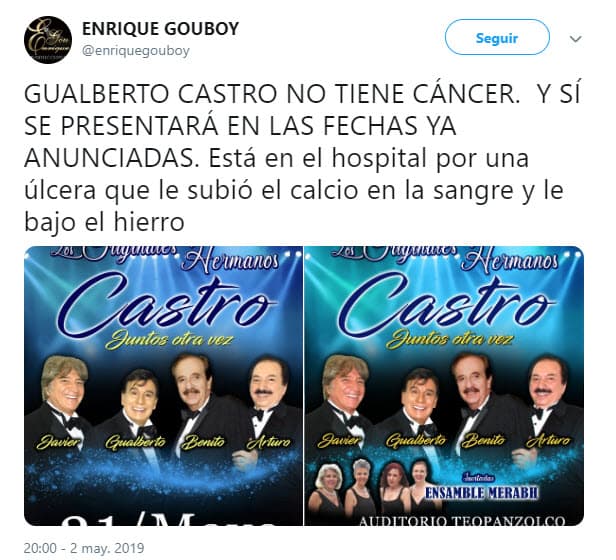 Enrique Gou, productor artístico que se encarga del show 'Los originales hermanos Castro juntos otra vez', proyecto musical en el cual participa, aclaró la situación con un mensaje en Twitter.
<br>