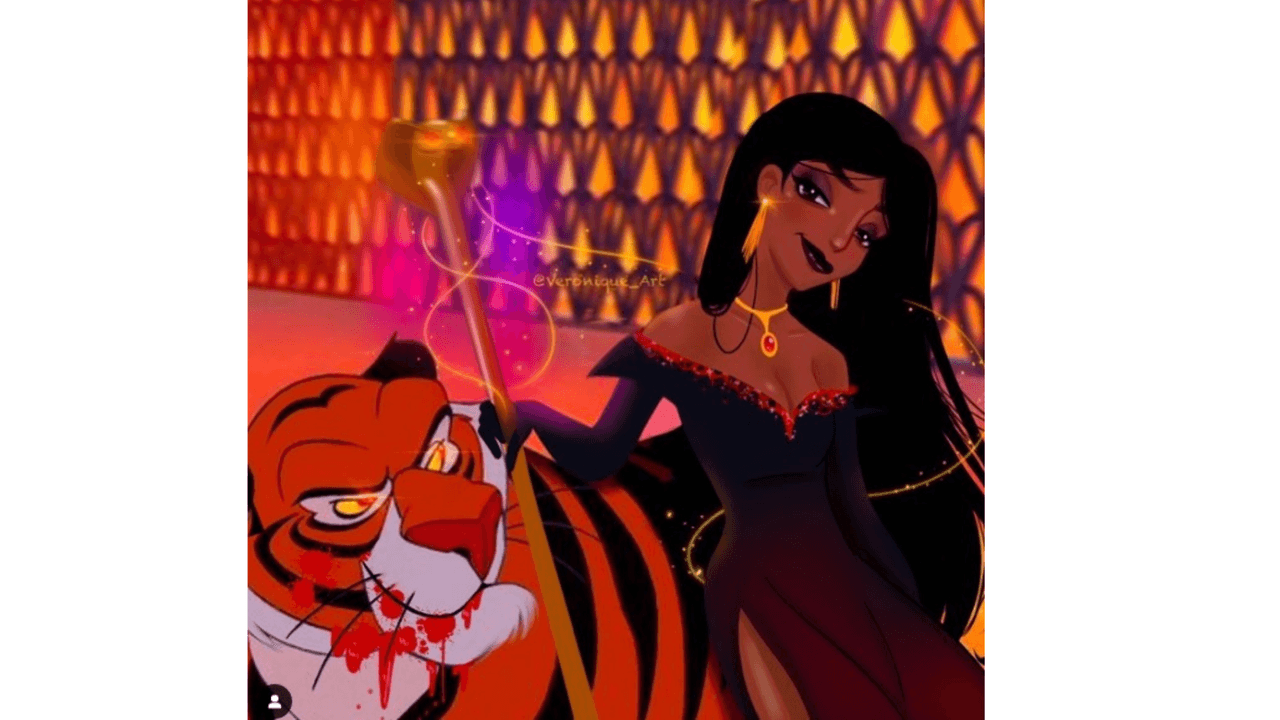 La princesa
<b> Jasmine</b>, coprotagonista de la película ‘Aladdin’, dejó atrás los colores claros y los tops lindos para lucir un flamante vestido negro con sorprendentes destellos rojos.