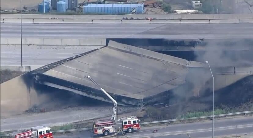 El incendio de un camión cisterna debajo de un paso elevado provocó el colapso de una parte de la Interestatal 95 la mañana de este domingo.
