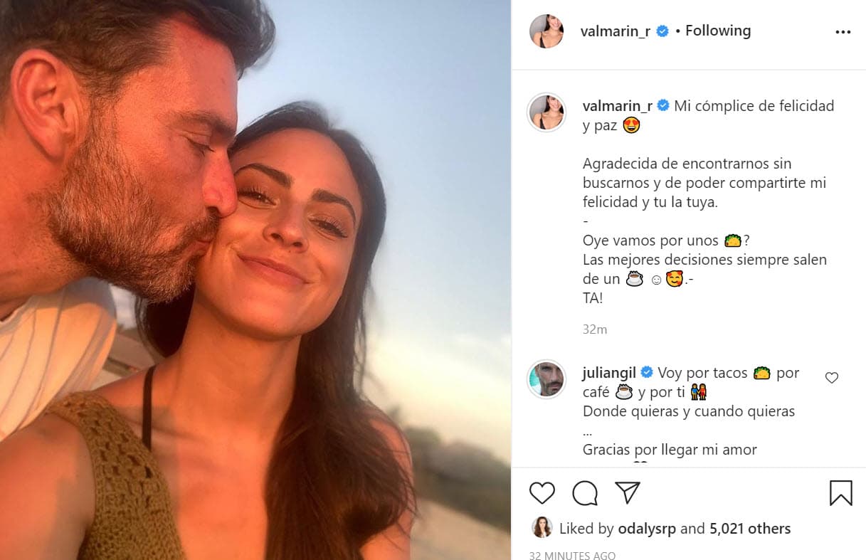 Compartió 
<b><a href="https://www.instagram.com/p/CDMjtT7J-Wo/" target="_blank">otra foto</a></b> con él y escribió: "Mi cómplice de felicidad y paz. Agradecida de encontrarnos sin buscarnos y de poder compartirte mi felicidad y tú la tuya. Oye, ¿vamos por unos tacos? Las mejores decisiones siempre salen de un café". 
<br>