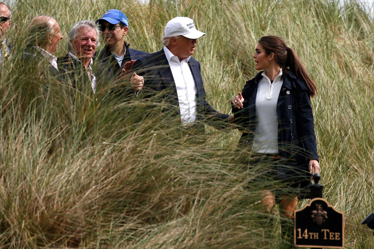 <b>In Europe with the candidate.</b> Hope Hicks accompanies Donald Trump during his visit to the Trump International Golf Club in Aberdeen, Scotland, during the campaign. June 25, 2016.