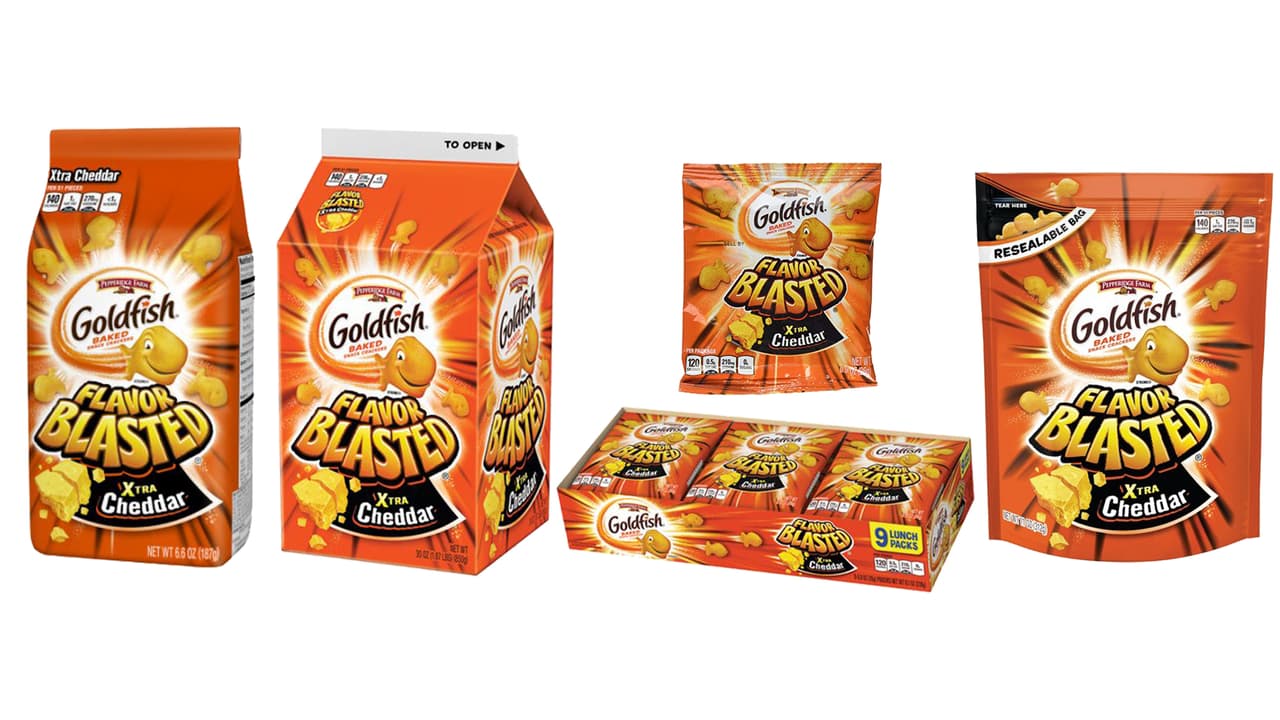 Pepperidge Farm Goldfish Flavor Blasted Xtra Cheddar Crackers: Bolsa de 6.6 oz. Cartón de 30 oz. Multi pack 8.1 oz. Snack Packs 0.9 oz. Bolsa resellable 11oz. Bolsa resellable 8oz.