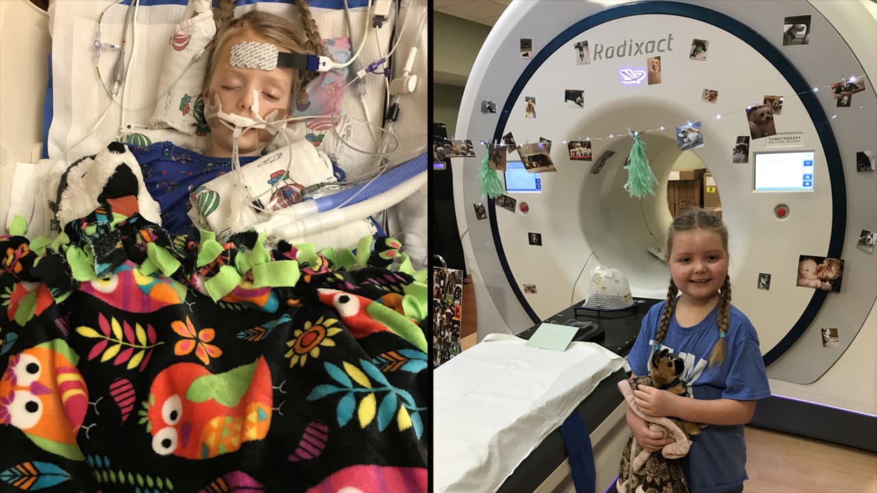 Emma durante una de sus múltiples operaciones. Al lado, foto de la máquina de radioterapia donde las enfermeras ponían fotos de perros para animarla.