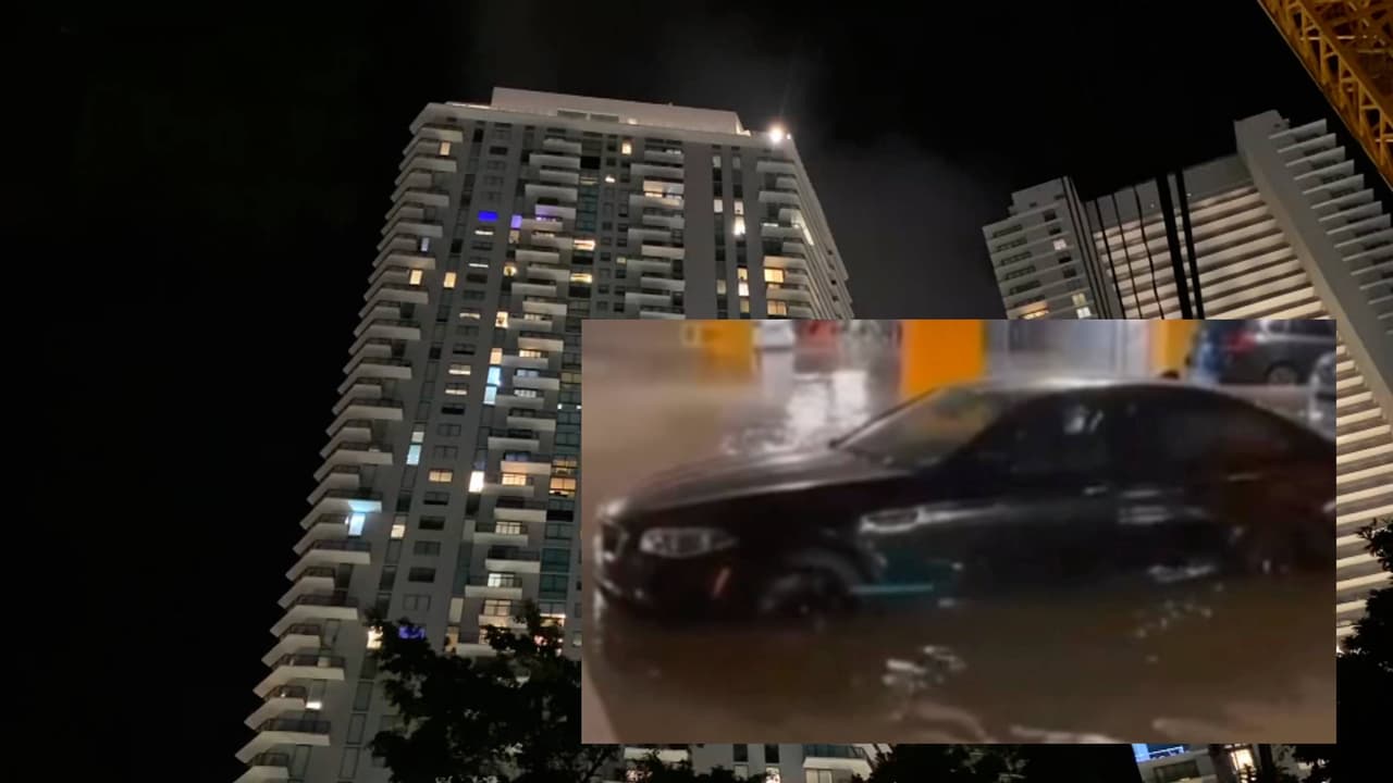 Las fuertes lluvias inundan el estacionamiento y dañan por horas los elevadores de un edificio de 53 pisos en Miami