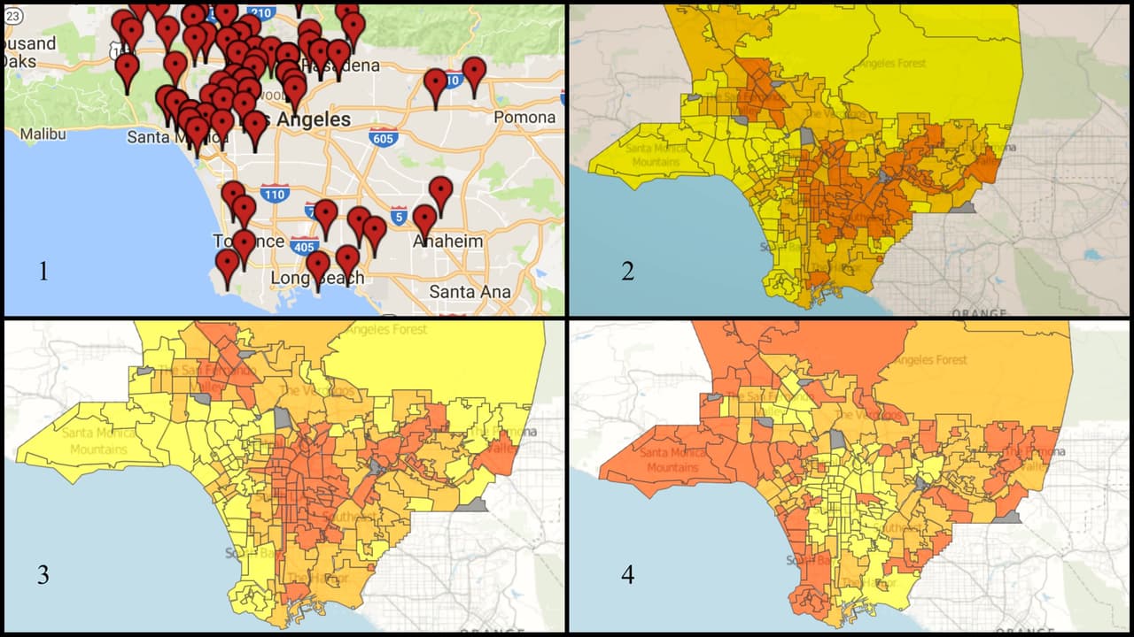 Comparativo: 1. Grupos organizados en el movimiento "Indivisible". 2. Concetración de hispanos en rojo. 3. Sectores de bajo nivel escolar en rojo. 4. Población con ingresos económicos bajos en amarillo.