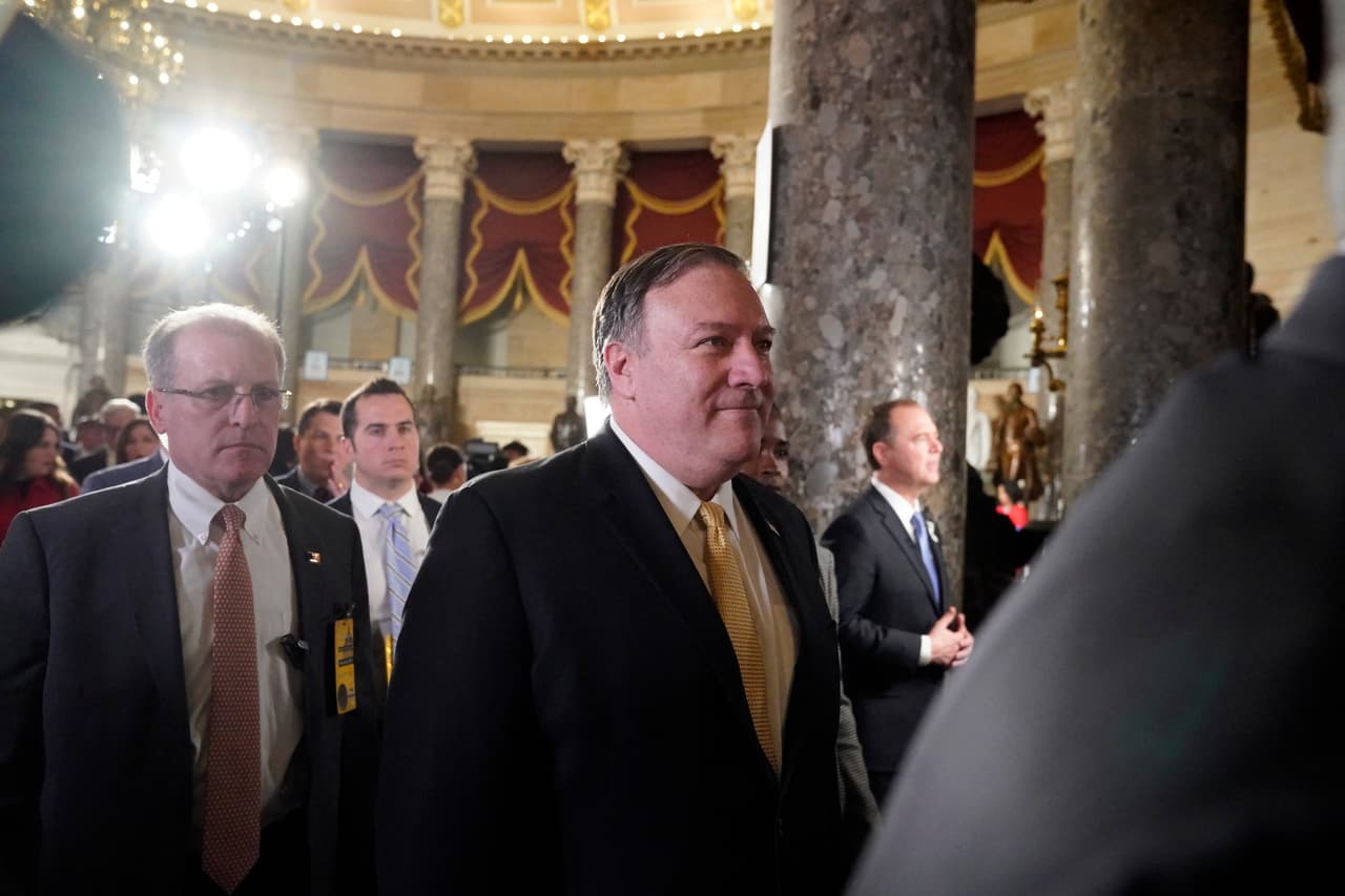 Secretary of State Mike Pompeo arrives to listen to President Donald Trump deliver his State of the Union address to a joint session of Congress on Capitol Hill in Washington, Tuesday, Feb. 5, 2019. (AP Photo/Carolyn Kaster)