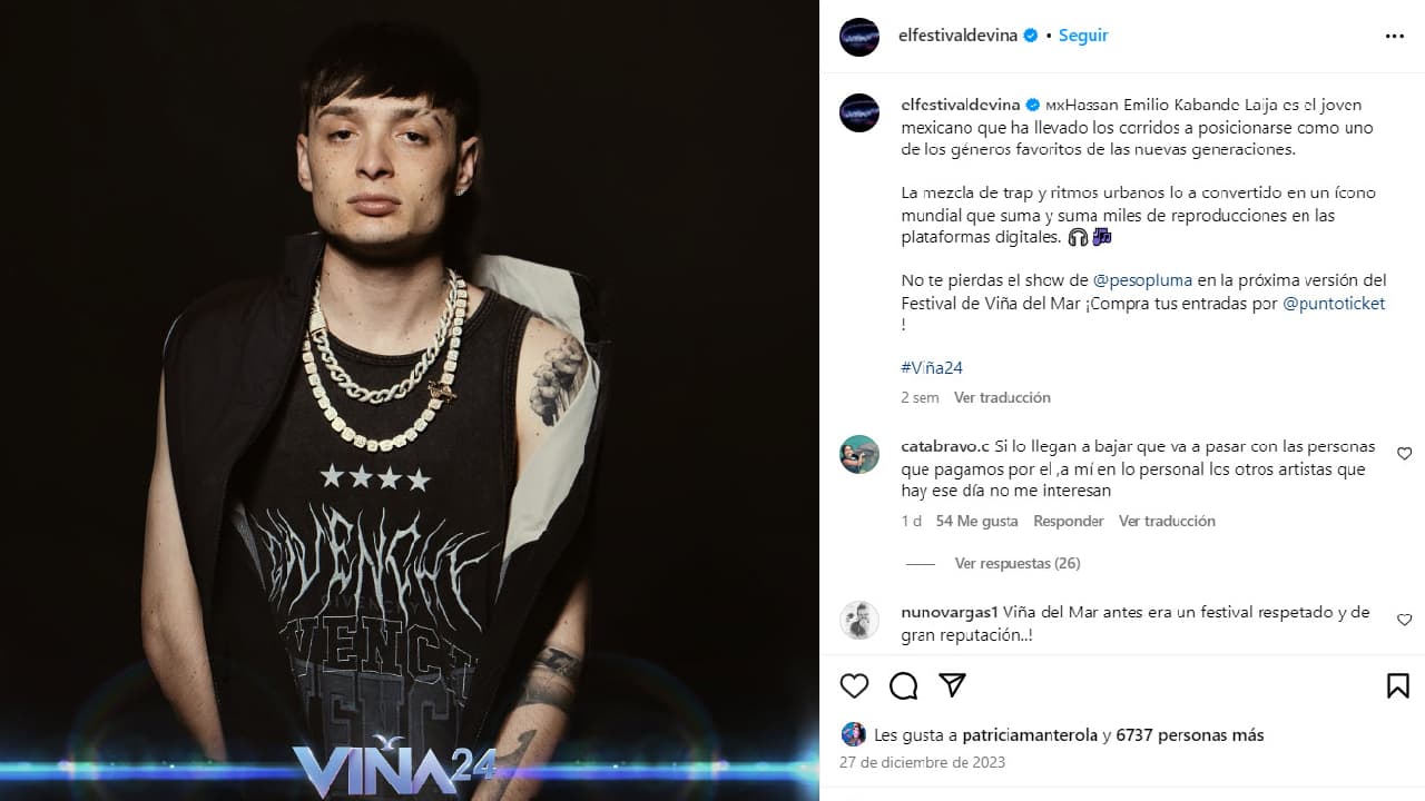 La participación de Peso Pluma en el Festival de Viña del Mar podría ser cancelada.