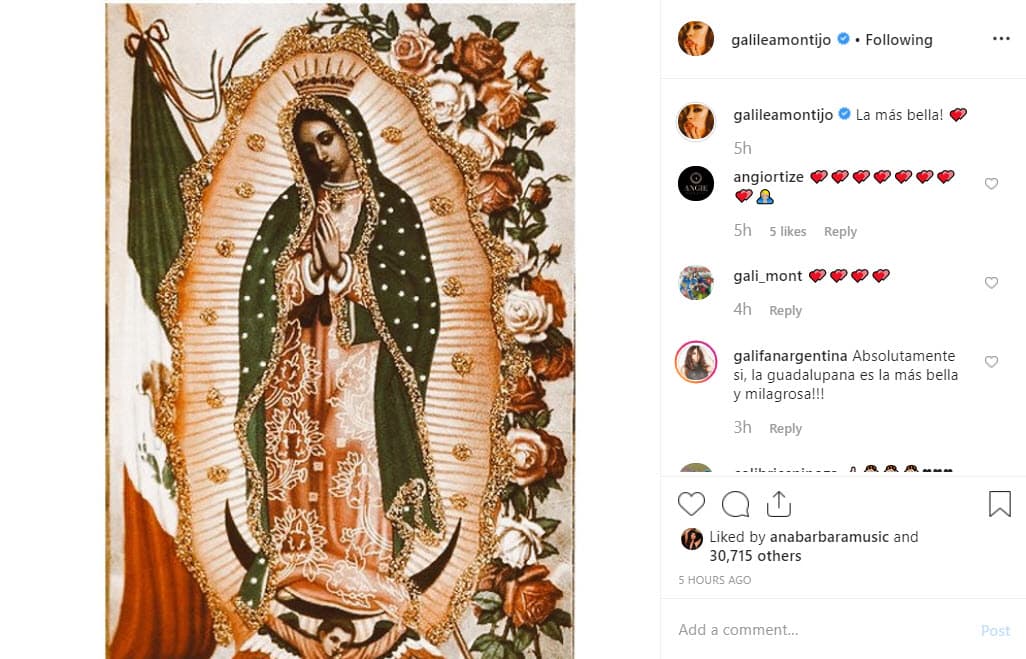 Como cada año, 
<b><a href="https://www.univision.com/famosos/los-voy-a-matar-imperdonable-para-galilea-montijo-lo-que-le-hizo-paul-stanley-o-tal-vez-mauricio-mancera-video">Galilea Montijo</a></b> celebró a la virgen y compartió esta imagen religiosa en donde escribió "¡La más bella!".