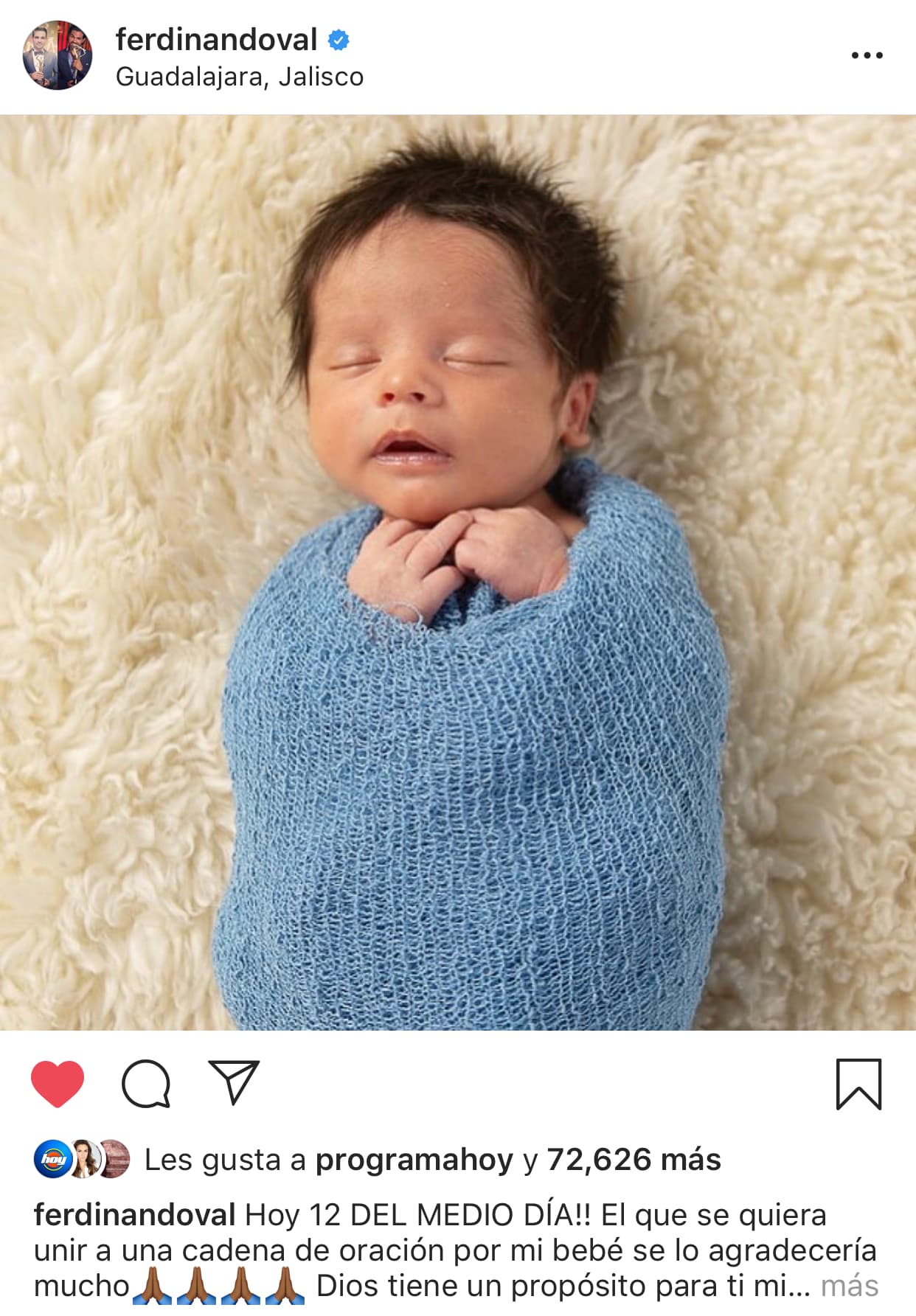 Ante dicha situación, este sábado 29 de junio compartió esta imagen del bebé 
<a href="https://www.instagram.com/p/BzS6uSlh51f/">en Instagram </a>y pidió a sus seguidores que se unieran en una cadena de oración: “¡Hoy 12 del medio día! El que se quiera unir a una cadena de oración por mi bebé se lo agradecería mucho. Dios tiene un propósito para ti mi bebé”, escribió.
