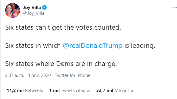 Captura de pantalla de Twitter tomada el 7 de noviembre de 2020.