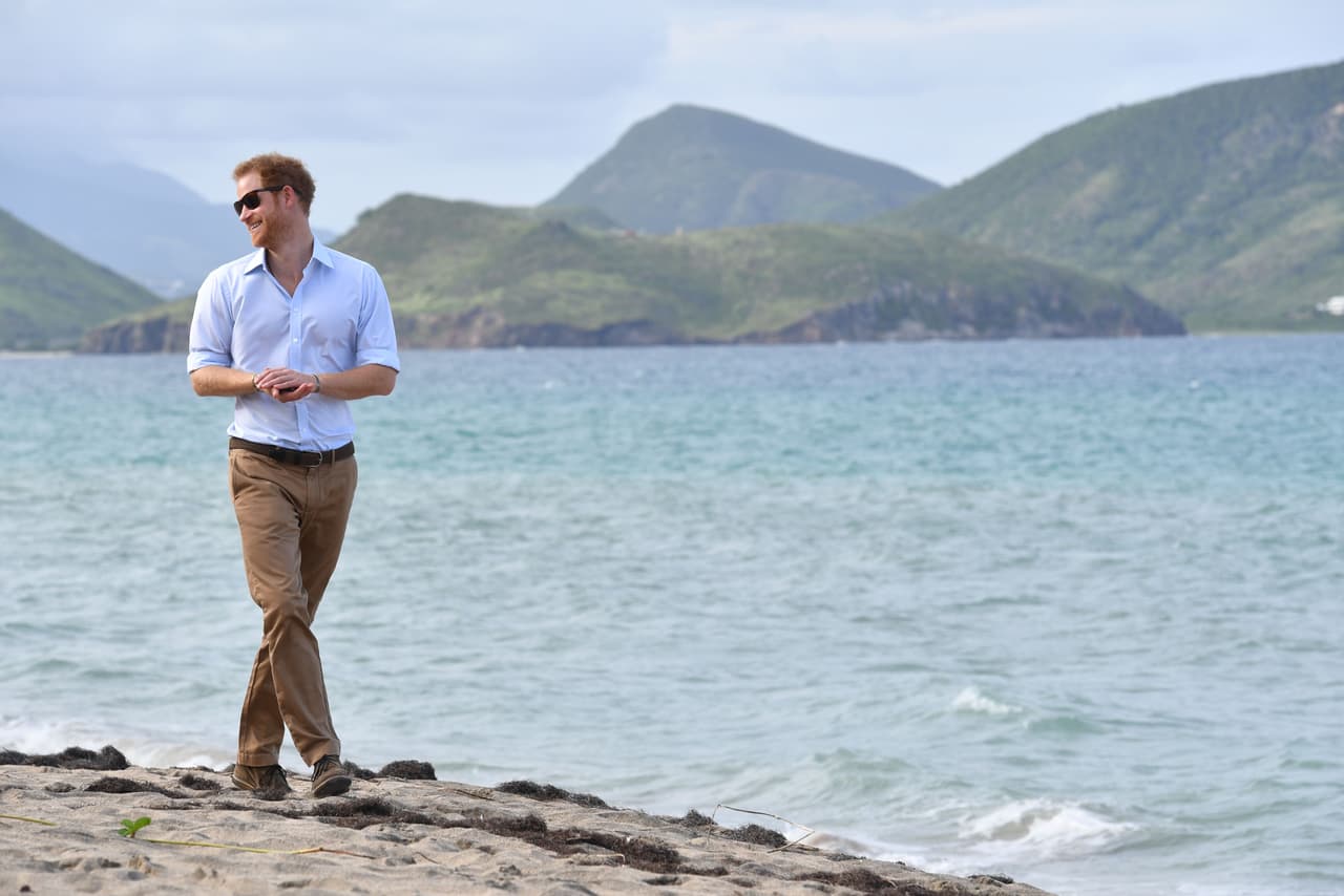 El príncipe Harry con tortuguitas durante su visita a Isla Nieves.