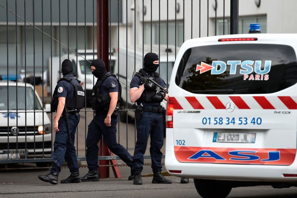 French special police officers stand guard at the entrance of the Georges Pompidou Hospital in Paris, on August 11, 2017, where the suspect in the attack of Levallois-Perret was transferred and hospitalised. On August 9, 2017, 36-year-old Algerian Hamou B. was arrested after a motorway car chase and is suspected of driving a BMW into a group of servicemen in a suburb of Paris earlier in the day, injuring six of them. / AFP PHOTO / STEPHANE DE SAKUTIN (Photo credit should read STEPHANE DE SAKUTIN/AFP/Getty Images)