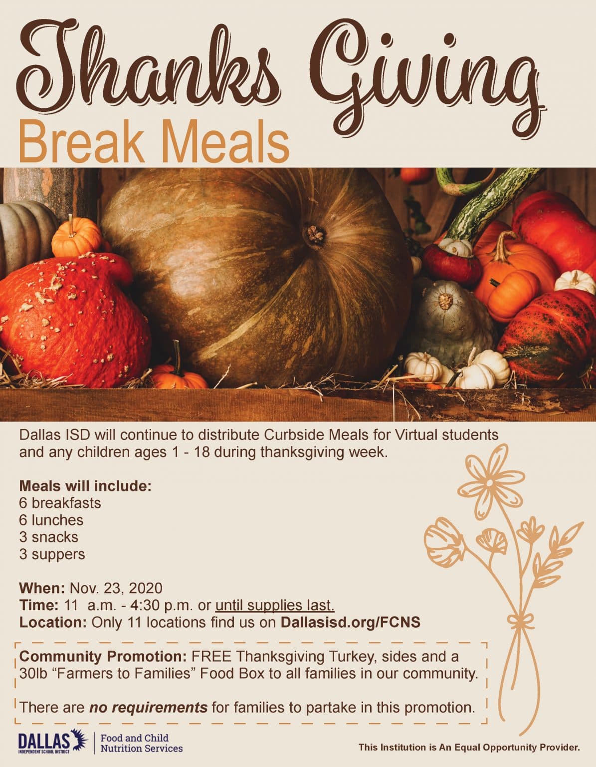 Distrito Escolar de Dallas anuncia distribución de comidas para estudiantes durante la semana de Acción de Gracias