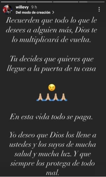 En este mensaje también externa que confía en que la vida se encarga de poner las cosas en su lugar. “
<b>En esta vida todo se paga</b>”, escribió el actor de 41 años. 
<br>