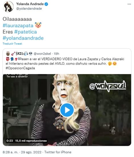 Yolanda Andrade también retuiteó un video de la conversación entre Alazraki y Laura Zapata, pero que está editado de tal manera que esta última aparece con el rostro de Frankenstein. 
<br>