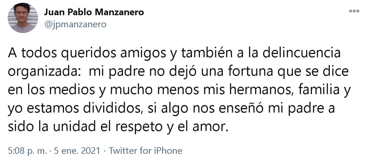 Sin embargo, Juan Pablo Manzanero, el menor de sus vástagos, aseguró que 
<b>no hay pleitos ni interés por el dinero</b>. Además, señaló que no existe una gran fortuna como se especula.
<br>