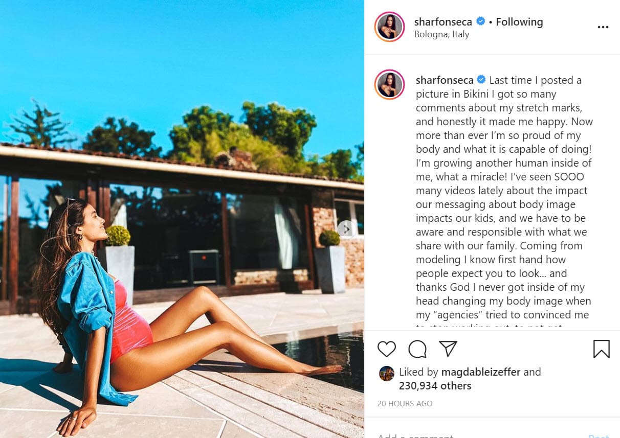 En junio pasado, la pareja del italiano dijo estar
<b><a href="https://www.univision.com/famosos/sharon-fonseca-esta-feliz-de-lucir-sus-estrias-y-lo-grande-que-esta-su-pancita-de-embarazo-fotos" target="_blank">"orgullosa" de sus estrías </a></b>con
<b><a href="https://www.instagram.com/p/CBI2hx1AZ6e/" target="_blank">esta foto</a></b> que publicó en Instagram y que causó revuelo.
<br>