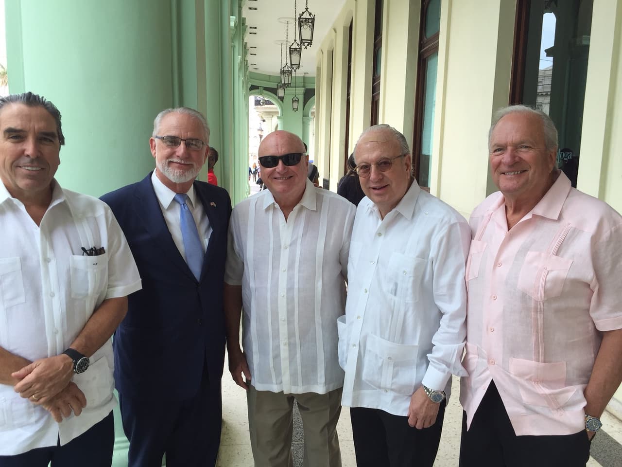 Cuban Americans celebrate Obama's speech outside the Hotel Saratoga in Havana. Left to right, Andres Fanjul, Pedro Freyre, Carlos Saladrigas, Paul Cejas and Enrique Sosa