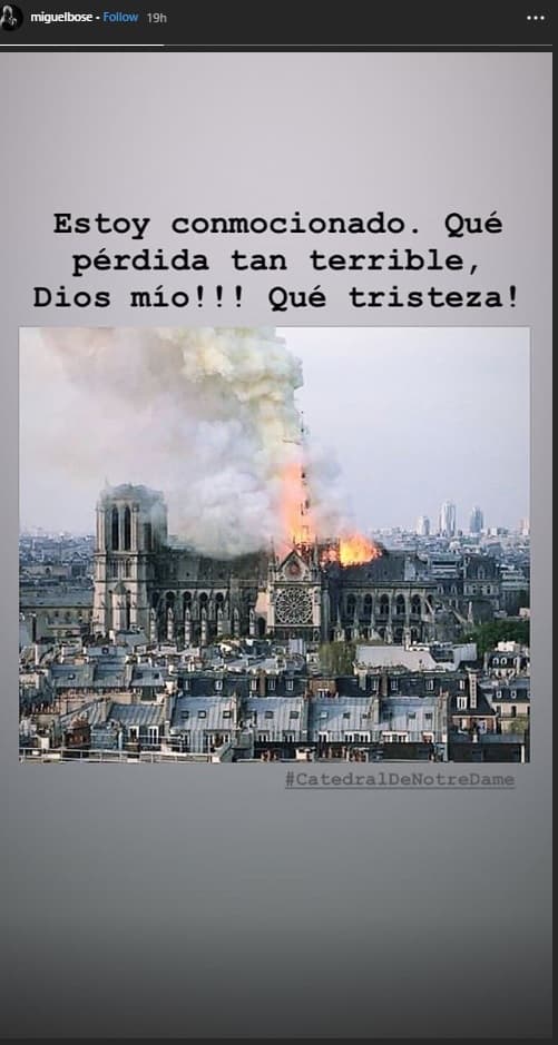 En sus stories también compartió una imagen que mostraba cuando el incendio apenas comenzaba: "Estoy conmocionado. Que pérdida tan terrible, Dios Mio. ¡Que tristeza!", se podía leer.