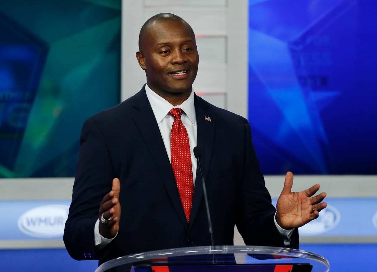 Republican hopeful for New Hampshire's 1st Congressional District Eddie Edwards speaks during a debate at St. Anselm College in Manchester, N.H., Thursday, Sept. 6, 2018, ahead of next week's primary. (AP Photo/Elise Amendola)
