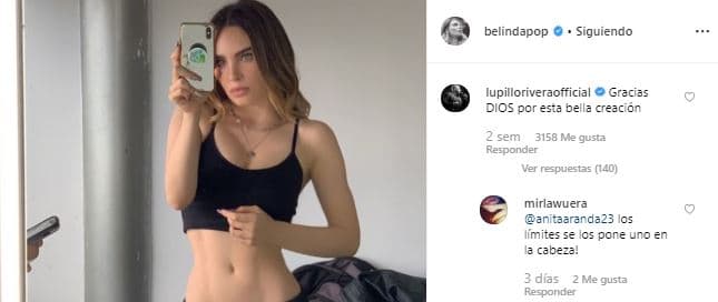 Lupillo escribió: 
<b><a href="https://www.univision.com/radio/raul-brindis/una-casa-viajes-y-cenas-entre-belinda-y-lupillo-rivera-reavivan-los-rumores-de-un-posible-romance-video" target="_blank">"Gracias Dios por esta bella creación"</a></b>. En esta ocasión, tampoco hubo una respuesta de la intérprete de 
<b><a href="https://www.youtube.com/watch?v=m_wv3kARVms">'Boba Niña Nice'</a></b> al comentario de Rivera.