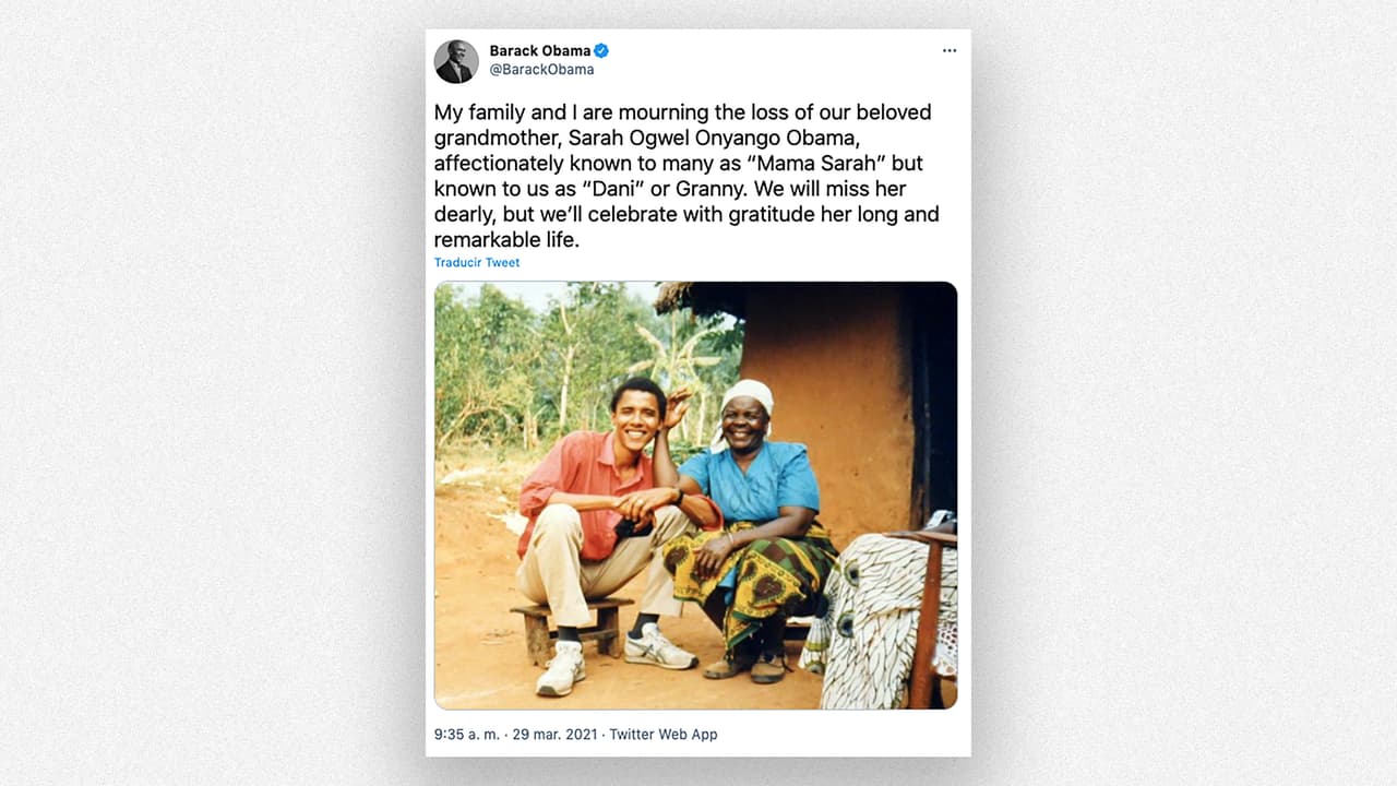 “Mi familia y yo estamos de luto por la pérdida de nuestra querida abuela, Sarah Ogwel Onyango Obama, conocida cariñosamente por muchos como ‘Mamá Sarah’”,
<a href="https://twitter.com/BarackObama/status/1376528504490196993"><u>tuiteó el lunes por la mañana el expresidente Obama</u></a>. “La extrañaremos mucho, pero celebraremos con gratitud su larga y extraordinaria vida”, agregó en el mensaje.