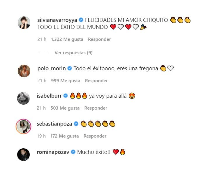 Entre ellos Silvia Navarro y Polo Morín, así como Isabel Burr, quien fue su hermana mayor en Si Nos Dejan. Romina y Sebastián Poza, los hijos de Mayrín Villanueva, también reaccionaron en la publicación. 
<br>