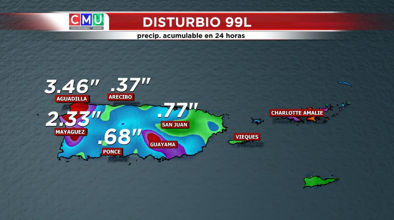 Los acumulados difieren un poco según los modelos y la trayectoria final del sistema, pero fácilmente podríamos ver entre 1 y 3 pulgadas de lluvia, Esta lluvia caería en unas 24 horas lo que podría producir inundaciones locales y en zonas de montaña algún desprendimiento de tierra. Por eso es importante evitar salir a la carretera durante los episodios de más lluvia y recuerden no cruzar nunca una vía inundada, den la vuelta y busquen una alternativa. 
<br>