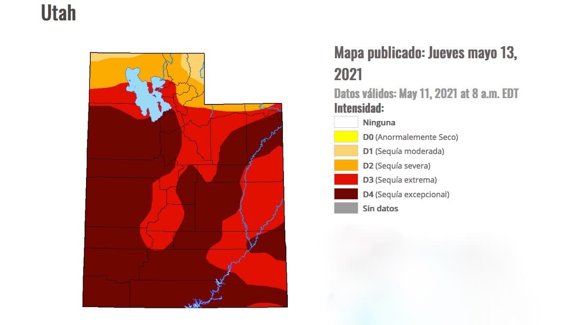 Según el Monitor de Sequía de Estados Unidos, la gran mayoría del territorio de Utah está bajo condiciones de sequía extrema y la peligrosa sequía excepcional.