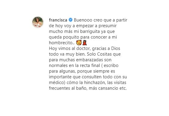 Nuestra querida Fran está muy "emocionada y nerviosa" por el nacimiento de su hijo, pero no duda de hacer partícipes a sus seguidores de esta etapa y comparte con ellos cómo se siente o cómo le va en sus visitas al médico.