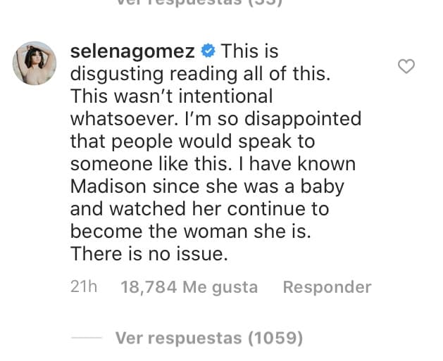 Algunos fanáticos insultaron en Instagram a Baldwin y Beer acusándolas de querer opacar con su presencia a Gómez, por lo que la cantante escribió: "Es desagradable leer todo esto. Esto no fue intencional en absoluto. Estoy tan decepcionada de que la gente hable de alguien así. Conozco a Madison desde que era una bebé y la vi continuar siendo la mujer que es. 
<b><a href="https://www.univision.com/famosos/fotografian-a-selena-gomez-llegando-a-la-casa-de-un-ex-one-direction-poco-despues-de-la-boda-de-justin-bieber-fotos" target="_blank">No hay problema</a></b>".